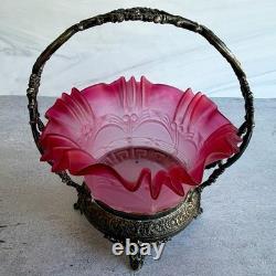 Antique Meriden Silver Plate Co #1134 Victorian Bride's Basket Pink Art Glass