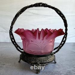 Antique Meriden Silver Plate Co #1134 Victorian Bride's Basket Pink Art Glass