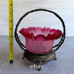 Antique Meriden Silver Plate Co #1134 Victorian Bride's Basket Pink Art Glass
