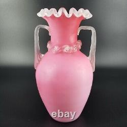 Antique Mt. Washington Cased Glass Pink Ruffle Edge Satin Handled Vase Rigarre