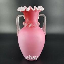 Antique Mt. Washington Cased Glass Pink Ruffle Edge Satin Handled Vase Rigarre