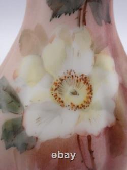Antique Mt Washington Pink Hand Painted Japanese Camellia Floral Art Glass Vase