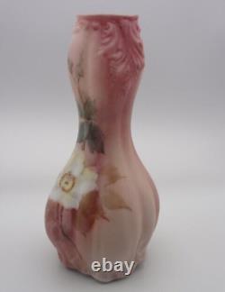 Antique Mt Washington Pink Hand Painted Japanese Camellia Floral Art Glass Vase
