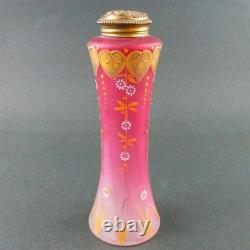 Antique PINK art glass talcum POWDER Shaker Bottle GOLD HEARTS dated 1901