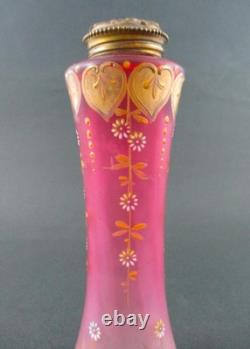 Antique PINK art glass talcum POWDER Shaker Bottle GOLD HEARTS dated 1901