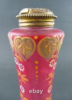 Antique PINK art glass talcum POWDER Shaker Bottle GOLD HEARTS dated 1901