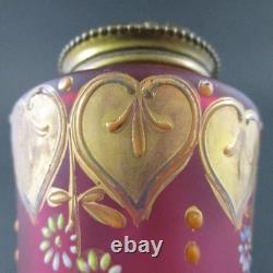 Antique PINK art glass talcum POWDER Shaker Bottle GOLD HEARTS dated 1901
