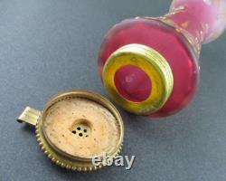 Antique PINK art glass talcum POWDER Shaker Bottle GOLD HEARTS dated 1901