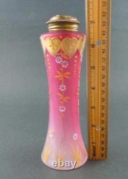 Antique PINK art glass talcum POWDER Shaker Bottle GOLD HEARTS dated 1901