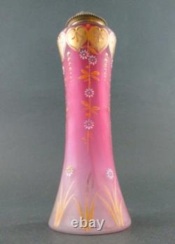 Antique PINK art glass talcum POWDER Shaker Bottle GOLD HEARTS dated 1901