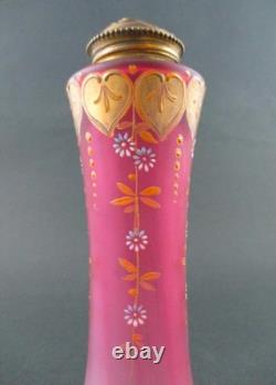 Antique PINK art glass talcum POWDER Shaker Bottle GOLD HEARTS dated 1901