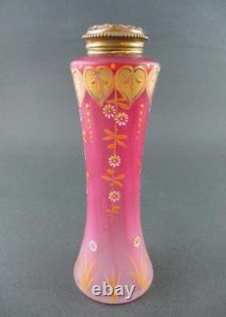Antique PINK art glass talcum POWDER Shaker Bottle GOLD HEARTS dated 1901