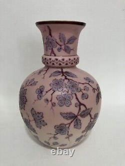 Antique POSCHINGER KRYSTALLIE hand Painted Enamelled Pink Satin Glass Vase