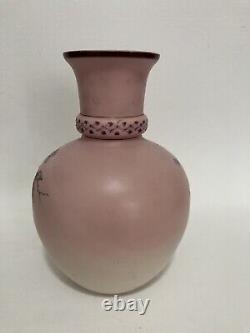 Antique POSCHINGER KRYSTALLIE hand Painted Enamelled Pink Satin Glass Vase