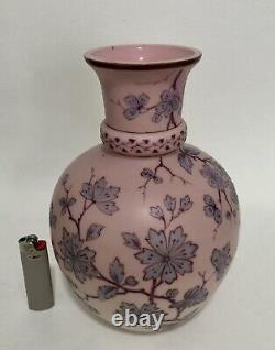 Antique POSCHINGER KRYSTALLIE hand Painted Enamelled Pink Satin Glass Vase