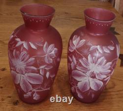 Antique Pair Of Stourbridge Glass Hand Painted Pink Vases