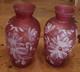 Antique Pair Of Stourbridge Glass Hand Painted Pink Vases