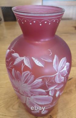 Antique Pair Of Stourbridge Glass Hand Painted Pink Vases