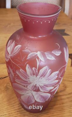 Antique Pair Of Stourbridge Glass Hand Painted Pink Vases