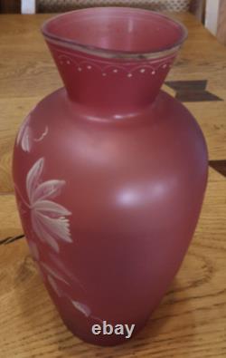Antique Pair Of Stourbridge Glass Hand Painted Pink Vases