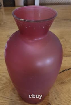 Antique Pair Of Stourbridge Glass Hand Painted Pink Vases