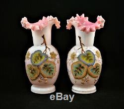 Antique Pair Of Victorian Bohemian Art Glass Vases Coralene Pink