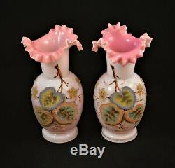 Antique Pair Of Victorian Bohemian Art Glass Vases Coralene Pink