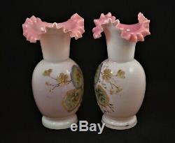 Antique Pair Of Victorian Bohemian Art Glass Vases Coralene Pink