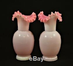 Antique Pair Of Victorian Bohemian Art Glass Vases Coralene Pink