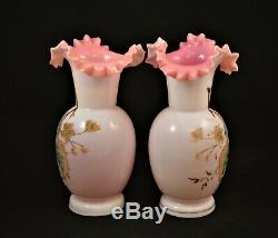 Antique Pair Of Victorian Bohemian Art Glass Vases Coralene Pink