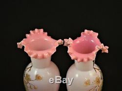 Antique Pair Of Victorian Bohemian Art Glass Vases Coralene Pink