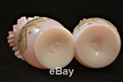 Antique Pair Of Victorian Bohemian Art Glass Vases Coralene Pink