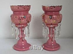 Antique Pair of Pink Cased Glass Mantle Lustres 12 1/8 tall