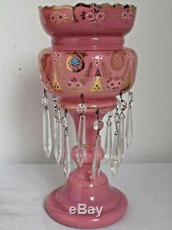 Antique Pair of Pink Cased Glass Mantle Lustres 12 1/8 tall