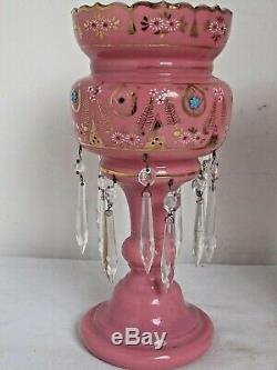 Antique Pair of Pink Cased Glass Mantle Lustres 12 1/8 tall