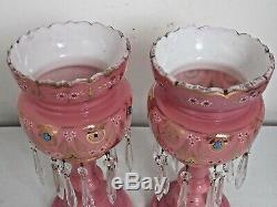 Antique Pair of Pink Cased Glass Mantle Lustres 12 1/8 tall