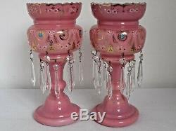 Antique Pair of Pink Cased Glass Mantle Lustres 12 1/8 tall