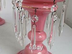 Antique Pair of Pink Cased Glass Mantle Lustres 12 1/8 tall