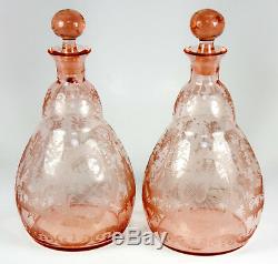 Antique Pair of Wheel Engraved Pink Glass Decanters, Carafe, Carafon Bohemian