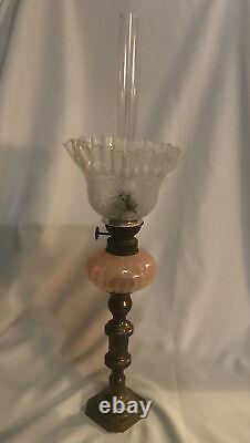 Antique Pink Art Glass Peg Lamp With Chimney & Etched Glass Ruffled Shade