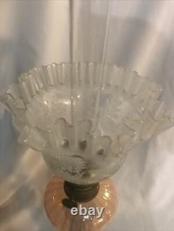 Antique Pink Art Glass Peg Lamp With Chimney & Etched Glass Ruffled Shade