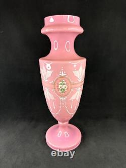 Antique Pink Opaline Glass Bristol Vase Hand Painted Floral Urn Shape Victorian