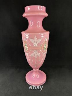 Antique Pink Opaline Glass Bristol Vase Hand Painted Floral Urn Shape Victorian