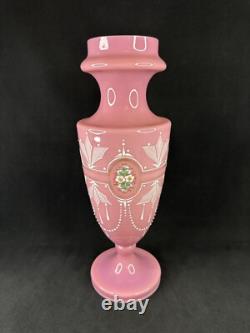 Antique Pink Opaline Glass Bristol Vase Hand Painted Floral Urn Shape Victorian