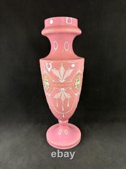Antique Pink Opaline Glass Bristol Vase Hand Painted Floral Urn Shape Victorian