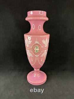 Antique Pink Opaline Glass Bristol Vase Hand Painted Floral Urn Shape Victorian