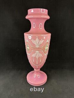 Antique Pink Opaline Glass Bristol Vase Hand Painted Floral Urn Shape Victorian