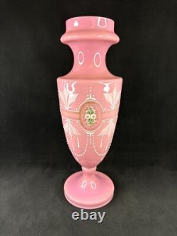 Antique Pink Opaline Glass Bristol Vase Hand Painted Floral Urn Shape Victorian