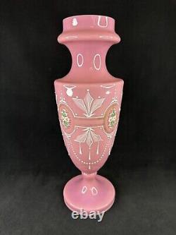 Antique Pink Opaline Glass Bristol Vase Hand Painted Floral Urn Shape Victorian