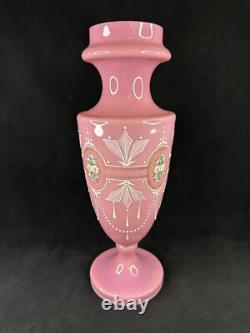 Antique Pink Opaline Glass Bristol Vase Hand Painted Floral Urn Shape Victorian